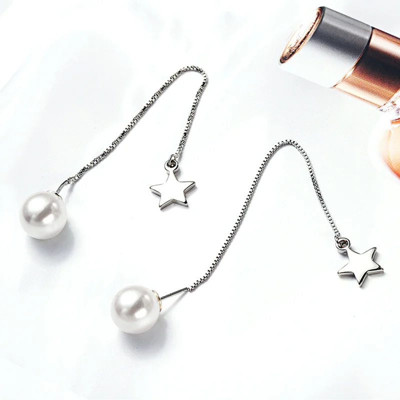 2018 Creative Star Streamlined Tassel Long Dangle earrings Silver Plated Imitation Pearl Stud Drop Earrings For Gift (1)