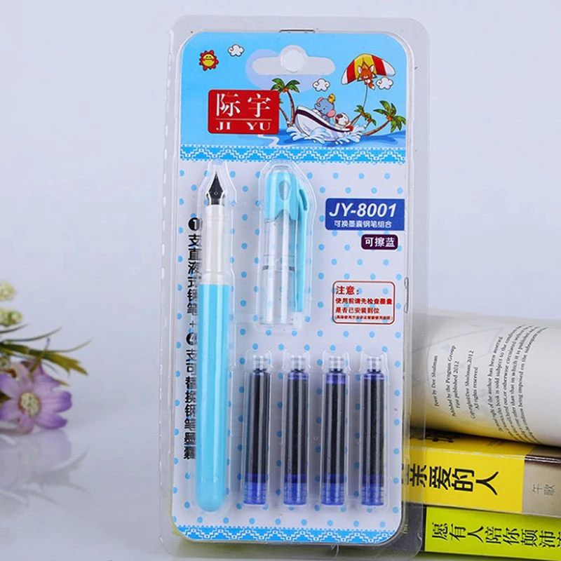 pen+4 PCS ink  Kawaii Plastic Erasable Fountain Pen For Calligraphy Writing Korean Stationery Student