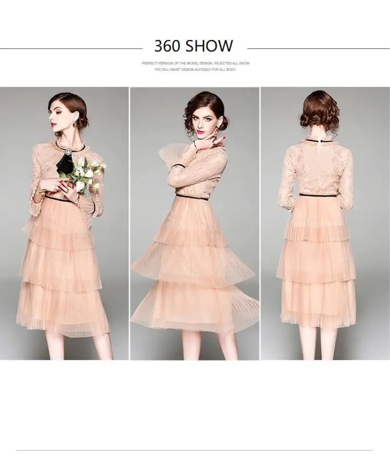Summer Hollow Pleated Gauze Lace Dress Women Long Sleeve Princess Dress Moda Mujer 2018 Midi Party Dress Strand Jurkjes