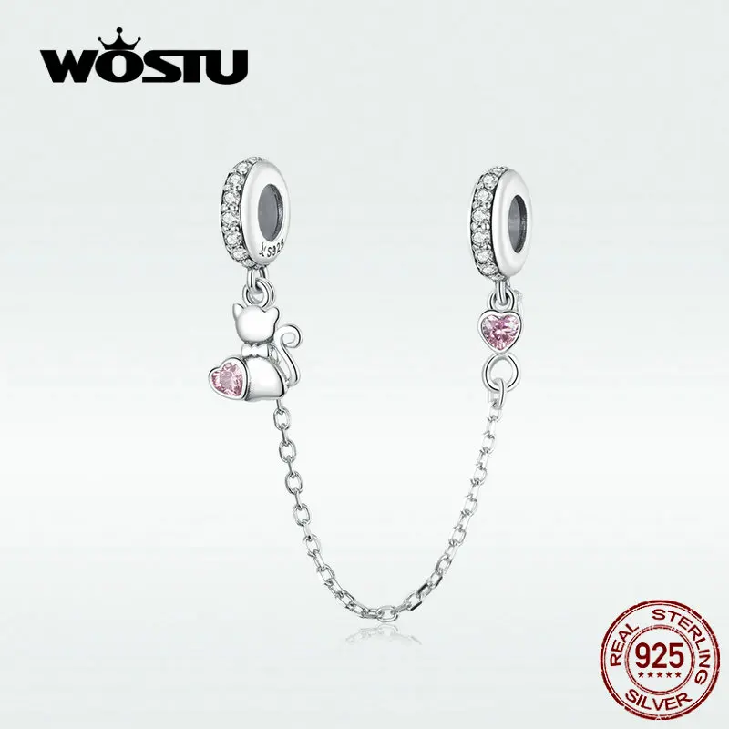 WOSTU S925 Розовый Прекрасный Kitty,, модные настоящие серебряные подвески бусины, подходят к оригинальному браслету, ювелирные изделия CQC1233