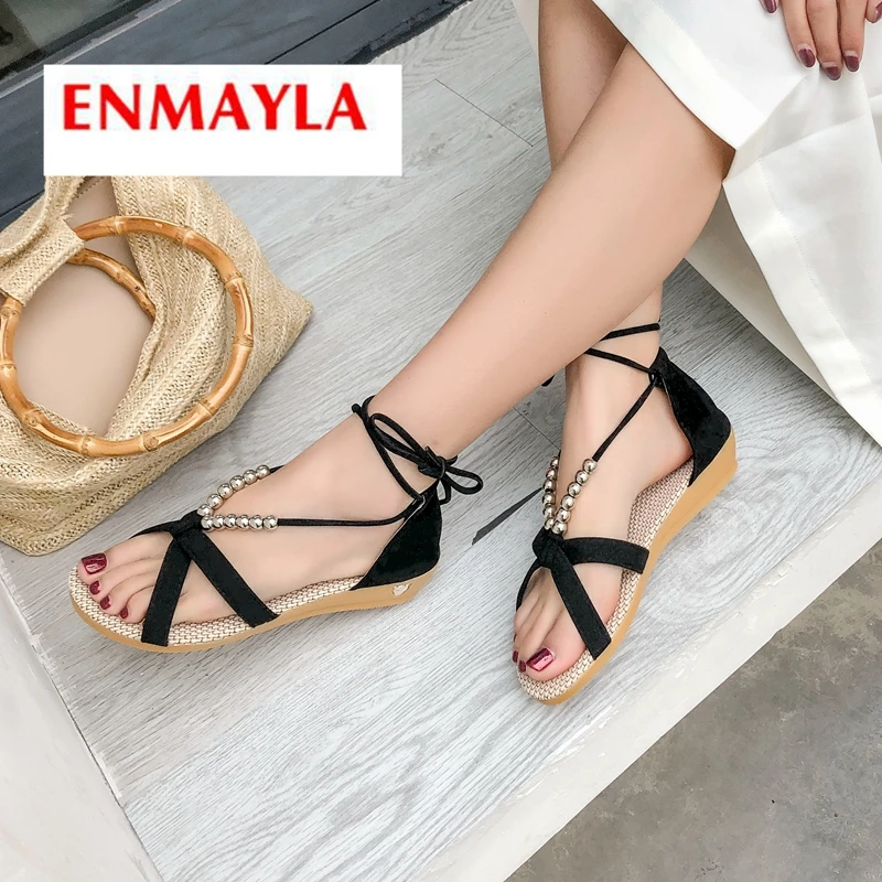 

ENMAYLA 2019 New Arrival Flock Gladiator Woman Sandals Summer Low Heel Casual Lace-Up Shoes Woman Size 35-40 LY2004