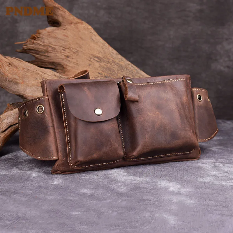 

PNDME luxury crazy horse cowhide chest bag multi-function simple genuine leather men's pockets sports bag diagonal bag phone bag