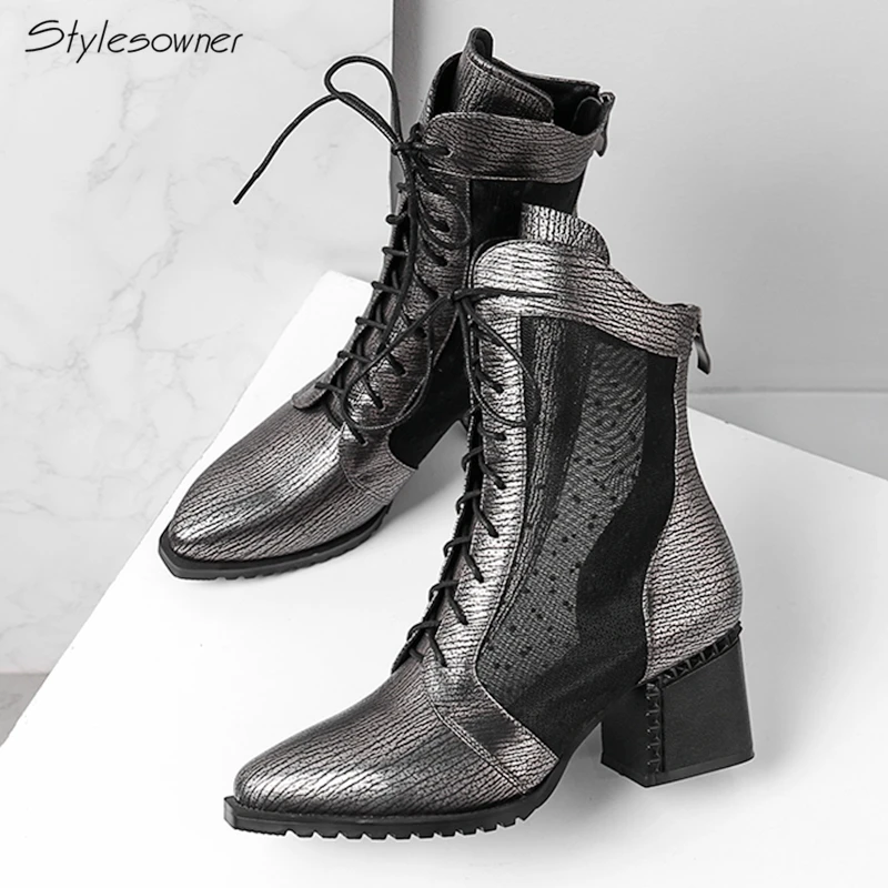 

Stylesowner Genuine Leather Laces Women Boots Chunky Heels Mesh Short Boots Big Size Ladies Shoes 2018 New Arrival See Through