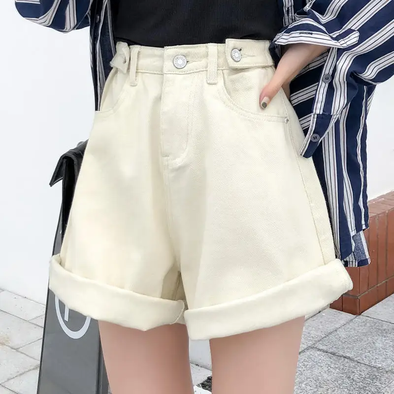 Beige High Waist Shorts Women Loose Hotpants Wide Leg