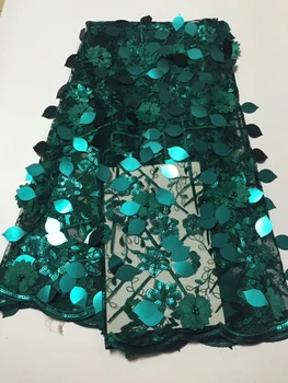 

Teal Green Nigerian Lace Fabrics For Wedding, 3D Flower Lace Fabric With Beads, Latest Lace Fabric High Quality Lace CD3057