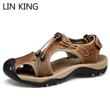 LIN KING/Брендовые мужские удобные летние сандалии из натуральной кожи; мужские сандалии; модные уличные пляжные сандалии; шлепанцы; большой размер 48