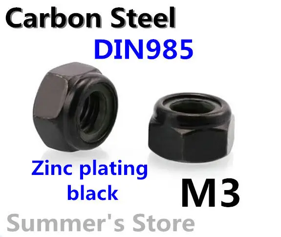 

100pcs/lot DIN985 Nylon Lock Nut M3 Nylon Tighten self-locking Nut M3 Nylon Insert Lock Hex Nuts M3 black zinc plating