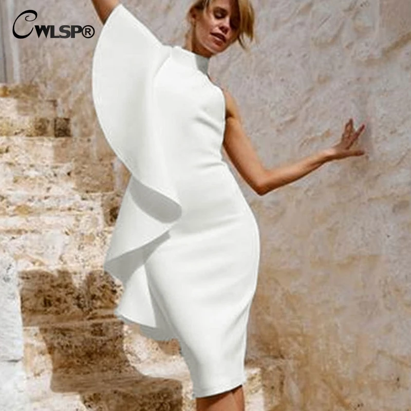 CWLSP White One Shoulder Knee-Length Summer Woman Dress Split Slim Dresses High Waist Backless vestidos verano 2018 QL4154