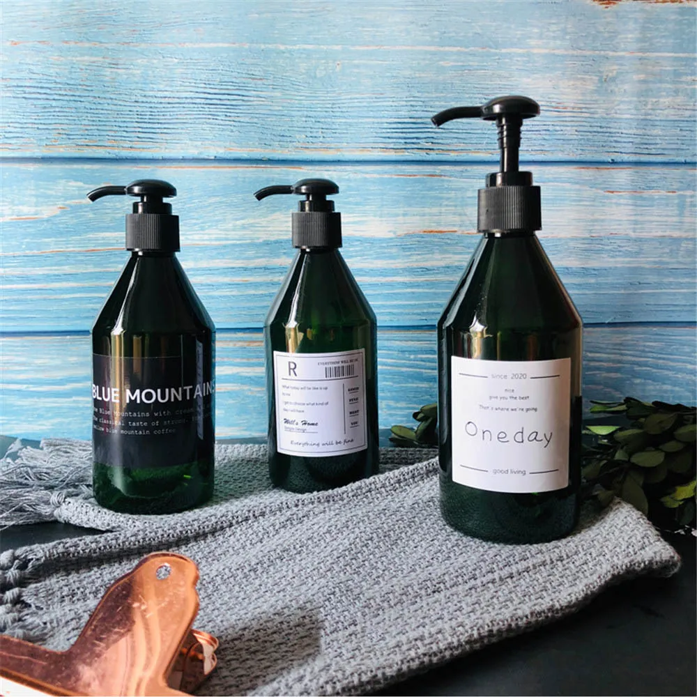 

300ml Green Bath Plastic Bottles Ins Chic Cosmetic Liquid Lotion Sub-bottle Casual Travel Portable Press Bottle Sticker Randomly