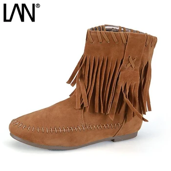 

LANSHULAN Dropshiping Women Martin Boots Cotton-padded Flats Women Ankle Boots Fashion Sweet Tassel Fringe Slip On