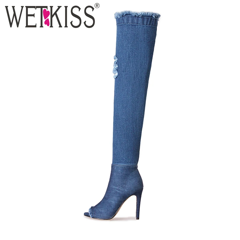 2018 Big Size 33 43 Sexy Denim Over the Knee Boots Women Ripped Denim Boot Female Peep toe Thin