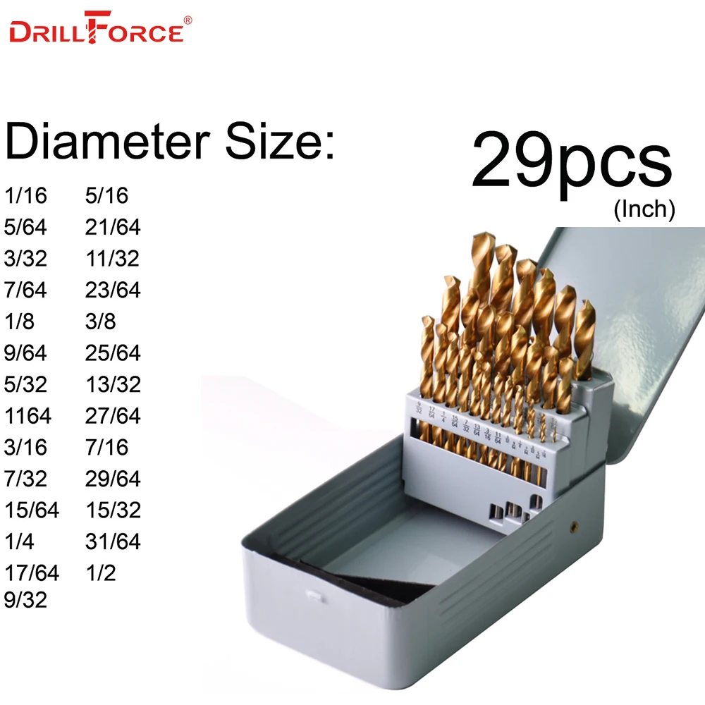 Drillforce 29 шт. 1/16 &quot 1/2&quot HSS Твист титановое покрытие ручное сверло Дерево