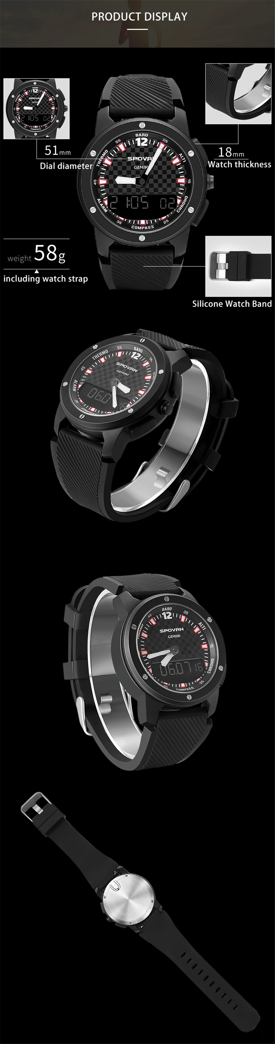 Reloj Hombre SPOVAN, роскошные брендовые часы, мужские спортивные наручные часы с двойным дисплеем, силиконовые часы, мужской светодиодный Saat Relogio Masculino