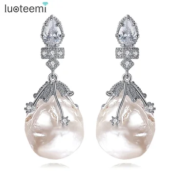 

LUOTEEMI Newst High Quality Material Luxury Jewelry White Gold-Color Fashion Created Pearl Dangle Earrings For Party Brincos