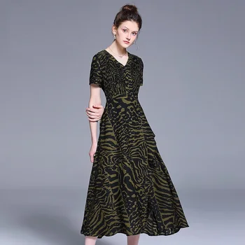

ladies long dress split end elegant party dress V neck pinched waist cultivated leopard longos vestidos plus size de festa 5XL