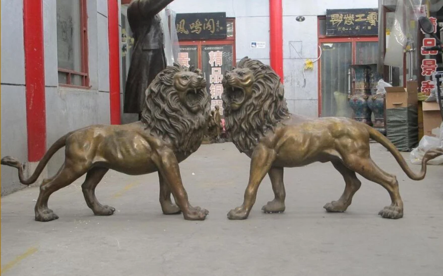 

JP S0263 47"Huge Chinese Wild Animal Bronze handwork Verisimilar Foo Dog Lion PAIR Statue B0403