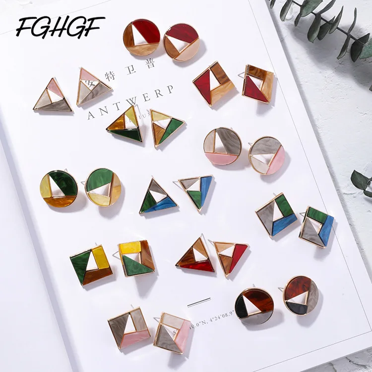 

FGHGF Fashion Metal Gold Color Colorful Stitching Resign Stud Earring Marble Pattern Round Circle Oval Triangle Square Geometric