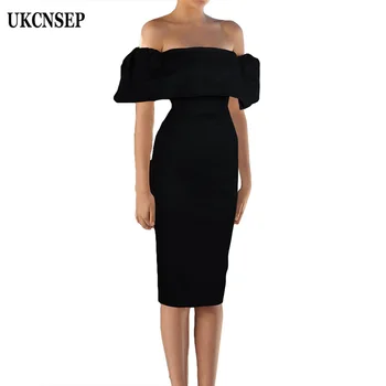 

UKCNSEP 2020 New Summer Black Women Dress Slash Neck Ruffle Cover Off Shoulder Bodycon Celebrity Evening Party Dress Vestidos