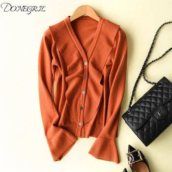 

2019S pring and Autumn New Sweater Coat Bow Wood Ear Short Round Neck Pure Cashmere Cardigan Woman Loose Horn Sleeve