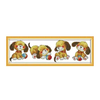 

Animal Series Four puppies cross stitch, 11CT India DMC embroidery thread handmade wonderful crafts embroidery