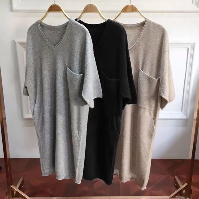 

Winter Long V-neck Sweaters Cashmere Wool Pullovers Half Sleeve Women 2018 Spring Solid Casual Sweaters Knitted Jumpers Big Size