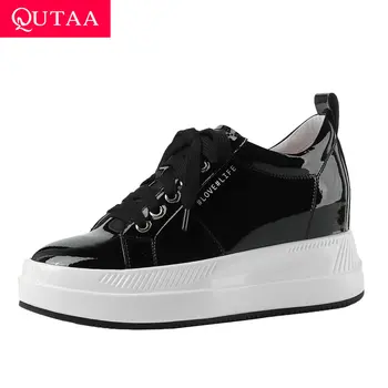 

QUTAA 2020 Casual Round Toe Cow Leather Wedge Heel Women Shoes Fashion Platform Lace Up Height Increasing Sneakers Size 34-40