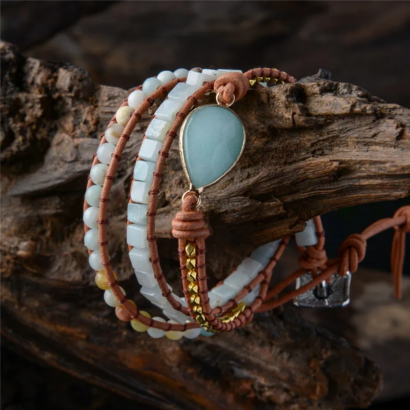 Амазонитовый камень 3X кожаный браслет из бисера браслет из натурального камня, богемные шикарные ювелирные изделия браслет дропшиппинг