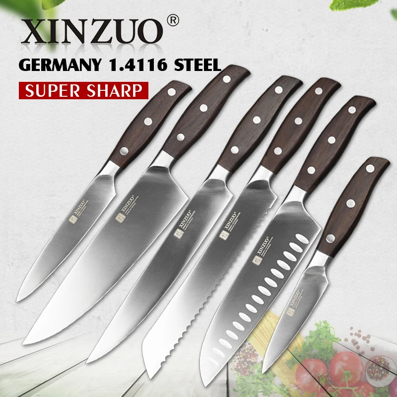 XINZUO Kuhinjsko orodje 6 PCS Kuhinjski nož Set pripomočkov Cleaver Chef Nož za kruh z visoko ogljikovimi nemškimi noži iz nerjavečega jekla