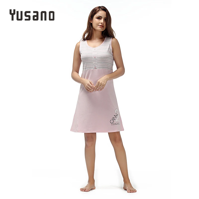 Yusano, женские ночные рубашки, сексуальное хлопковое платье для сна, ночная рубашка без рукавов, ночная рубашка до колена, платье для сна, полосатая женская ночная рубашка