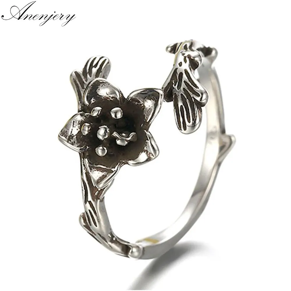 

Anenjery Vintage Fashion 925 Sterling Silver Rings For Women Rose Flower Opening Thai Silver Ring For Women anel bague S-R143