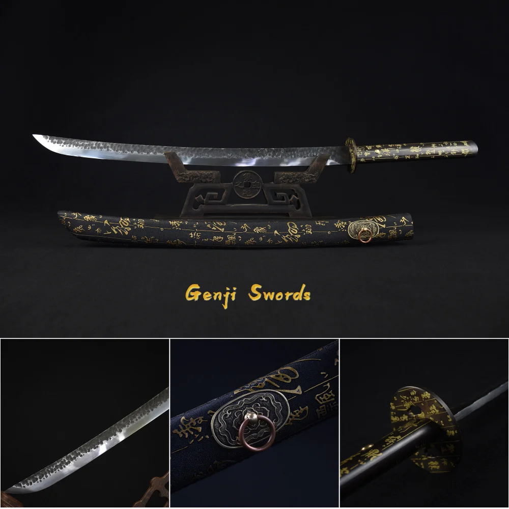 Handmade Japanese Black Samurai Wakizashi Sword High Manganese Steel Real Katana Sharp Edge Chinese Words Saya