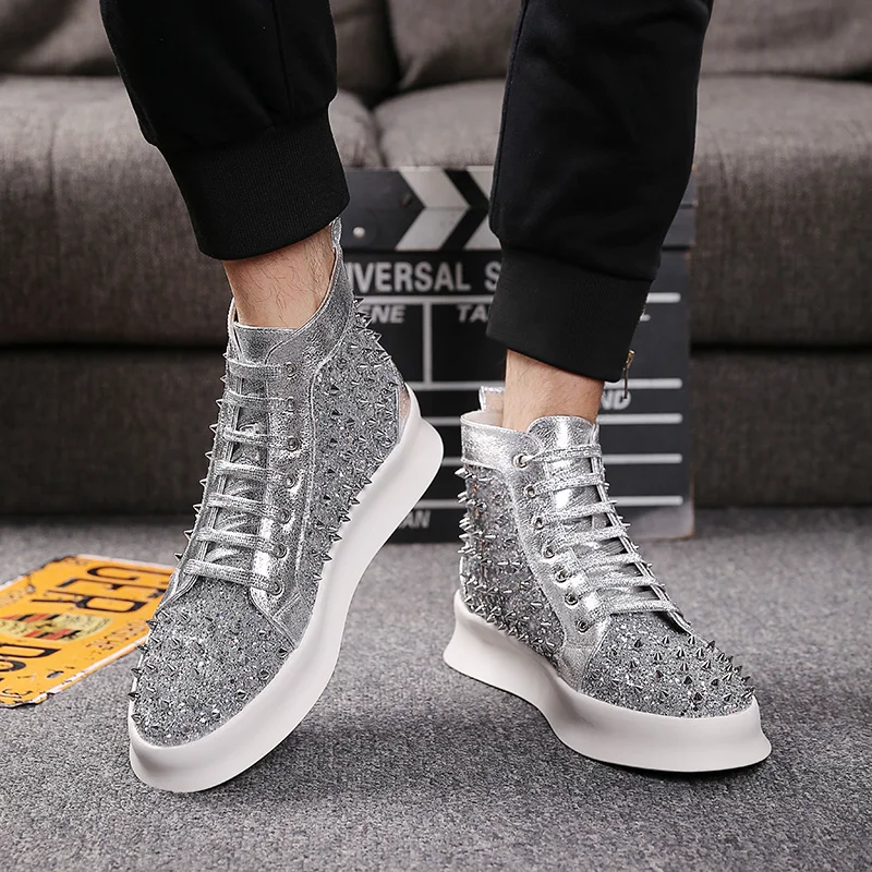 British luxury fashion men party banquet dresses soft leather rivet shoes flat platform shoe personality hip hop ankle boots man