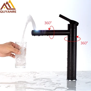 

Quyanre Matte Black 720 Degree Rotation Basin Faucet Single Handle Mixer Tap Bathroom Crane H/C Water Tap Mixer Torneira