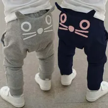Зима-осень, милые детские штаны с рисунком детская одежда шаровары для мальчиков и девочек, хлопковые длинные штаны с милым котом для детей, 2 цвета
