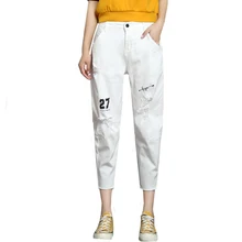 Летние тонкие белые рваные джинсы женские укороченные брюки женские свободные шаровары брюки джинсовые летние джинсы бойфренд большой размер