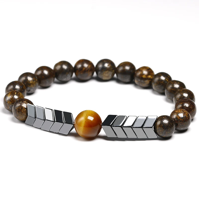 Natural 8MM BRONZITE Stone Beads With 10MM Tiger Eye Strand Bracelet Arrow Hematite Bracelet Men Best Gift Jewelry
