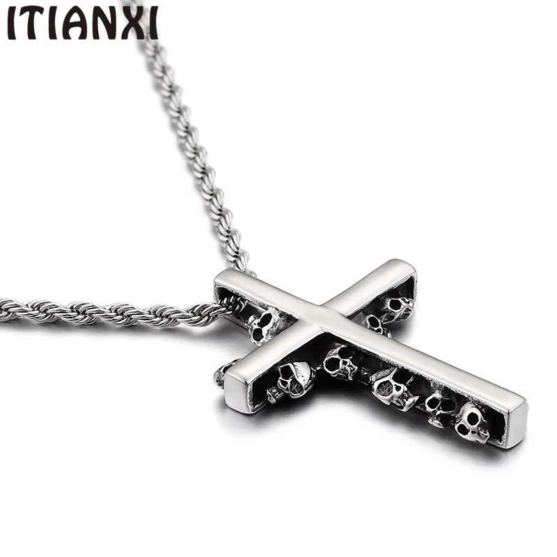 High Polished Stainless Steel Cross &amp Skull Heads Pendant Necklaces For Men Punk Pub Biker Jewelry Accessories | Украшения и