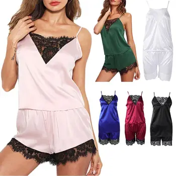 

Women Floral Eyelash Lace Sleepwear Tank Top Shorts V-Neck Pajama Lingerie Solid