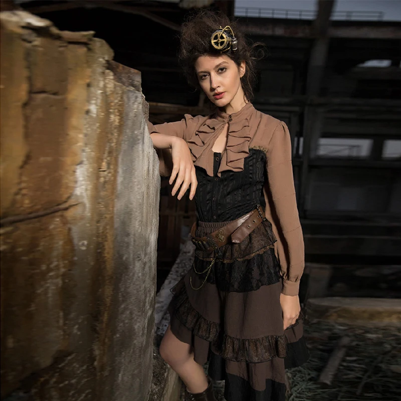 

Women's Vintage Victorian Blouse Two Tones Patchwork Steampunk Gothic Blouse Shirt