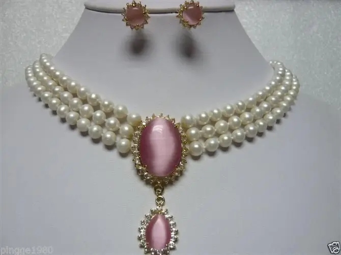 

shipping Beautiful white pearl pink crystal earrings zircon pendant necklace hot