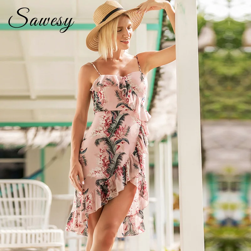 

Summer Dresses For Women 2018 Fashion Floral Print Ruffle Short Dress Boho Style V Neck Asymmetrical Chiffon Dresses Vestidos