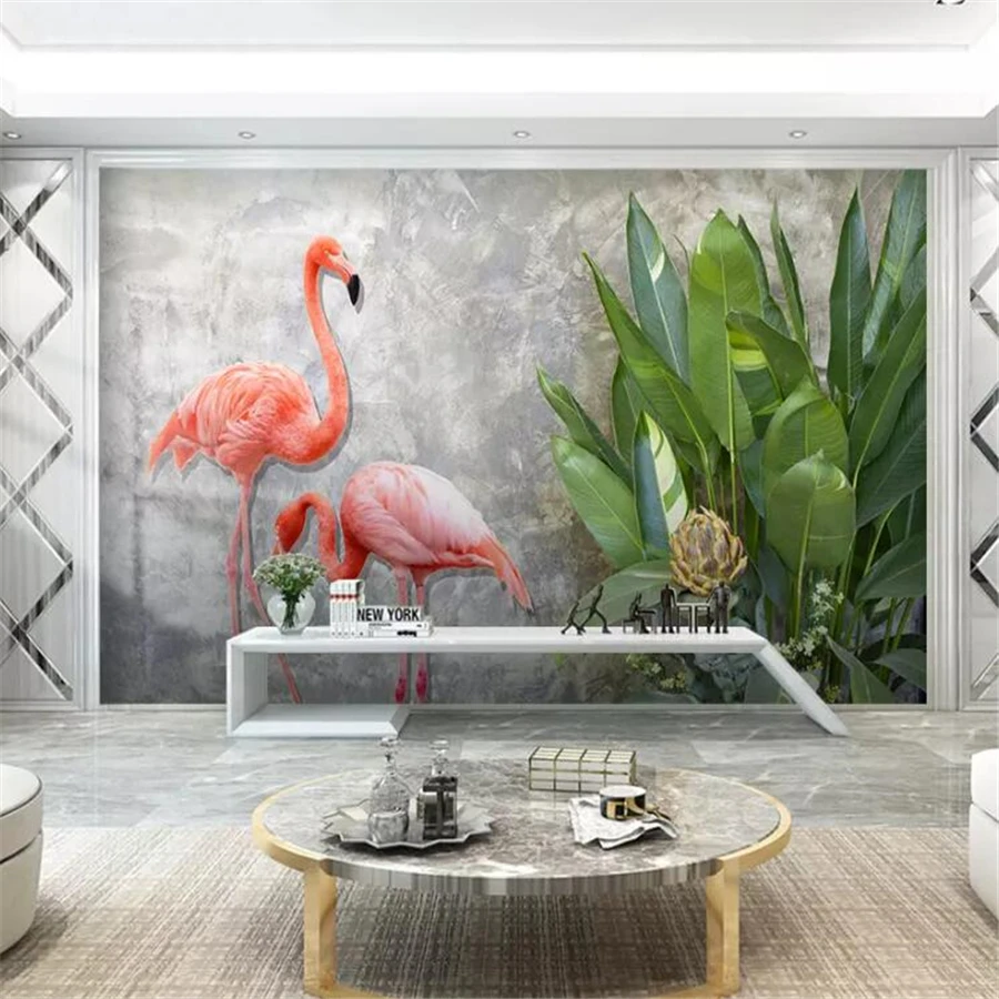 

Beibehang Custom wallpaper 3d mural Nordic minimalist tropical plant leaves couple flamingo background wall painting wallpaper