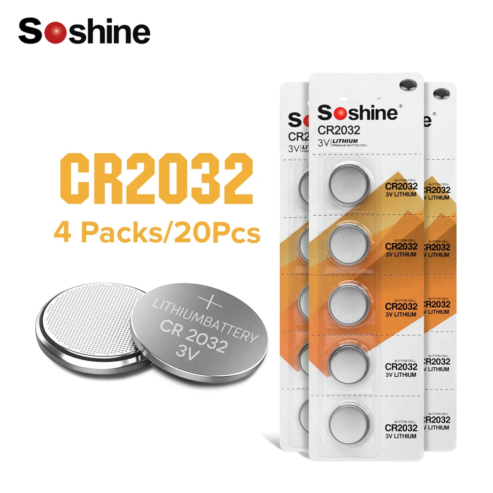 

Soshine High Energy 20pcs 3v CR2032 Lithium Li-ion Batteries DL2032 ECR2032 5004LC KCR2032 BR2032 KL2032 SB-T15 Button Coin Cell
