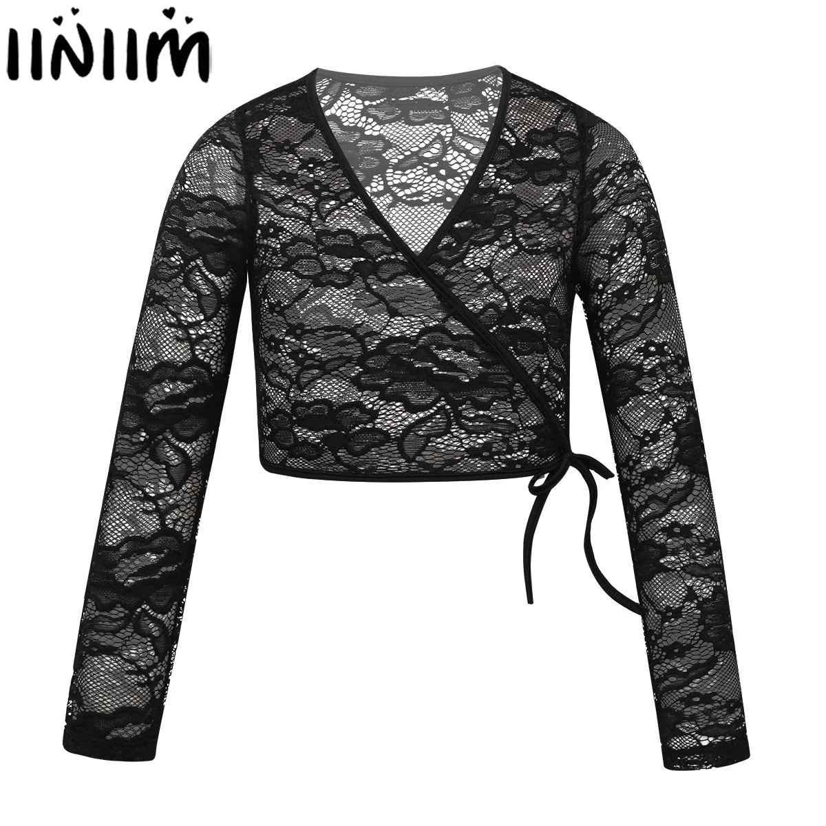 

iiniim Kids Girls Floral Lace Ballerina Long Sleeve V-neckline Wrap Top Ballet Dance Sweater for Gymnastics Leotard Dancewear