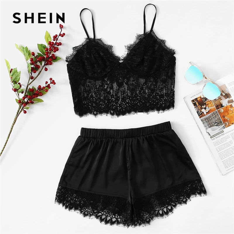 SHEIN Black Sexy Basics Solid Sheer Eyelash Lace Cami Top And Satin Shorts PJ Set Summer Casual Women Nightwear Sleepwear
SHEIN Black Sexy Basics Solid Sheer Eyelash Lace Cami Top And Satin Shorts PJ Set Summer Casual Women Nightwear Sleepwear