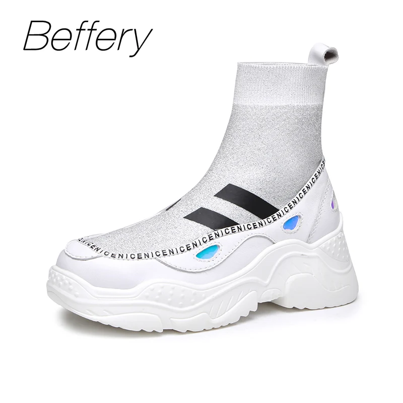 

Beffery knit Ankle Boots Socks shoes for Women Martin boots Autumn Winter Short Boots bottom Platform Stitching Ladies Shoes