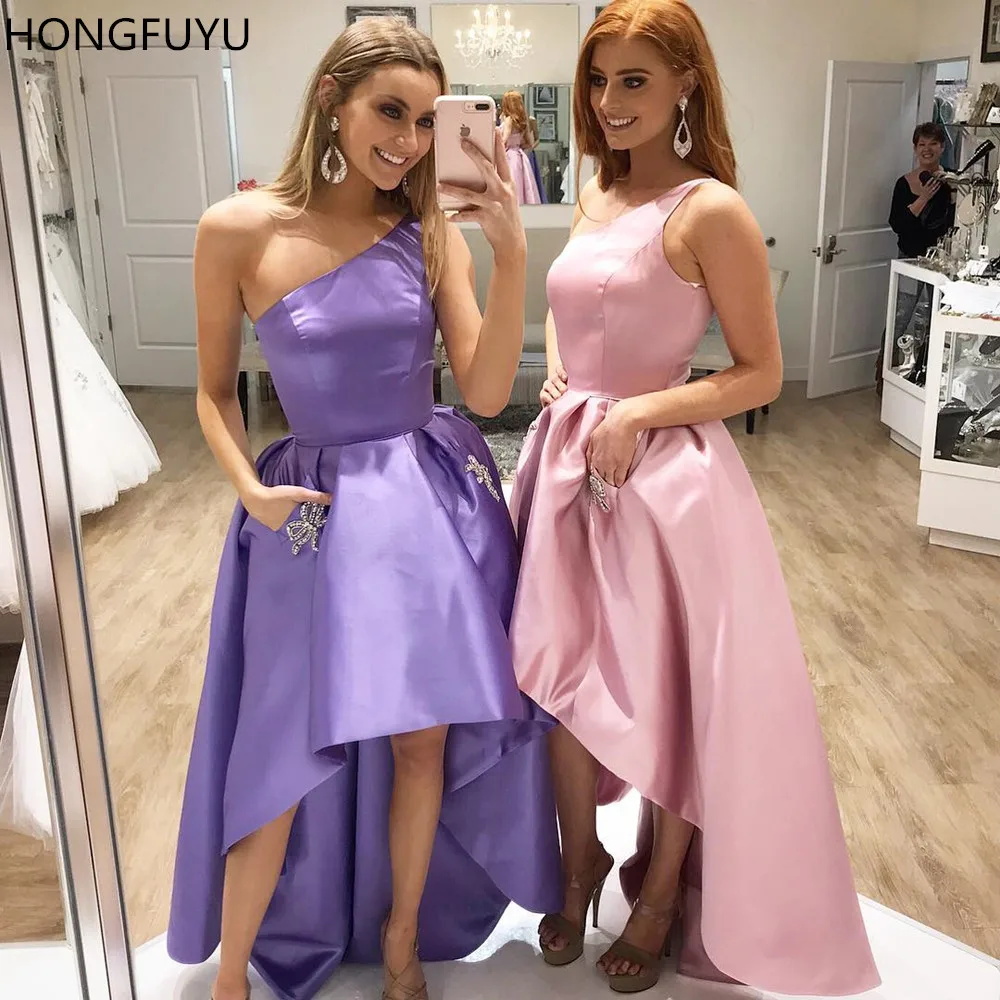 

HONGFUYU A-line One Shoulder Evening Dresses Hi Lo Sleeveless Vestido de Festa Party Formal Dress Satin Prom Gowns With Pockets