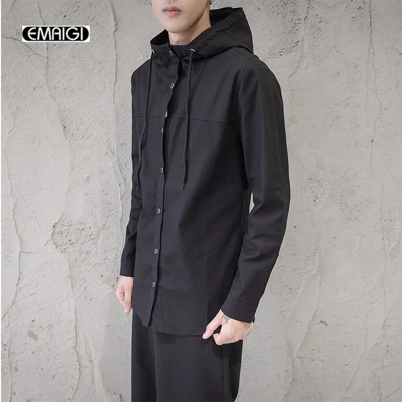 2017 Spring New Mens Hooded Shirt Solid Color Male Fashion Hiphop Shirt Cotton Linen Long Sleeve
