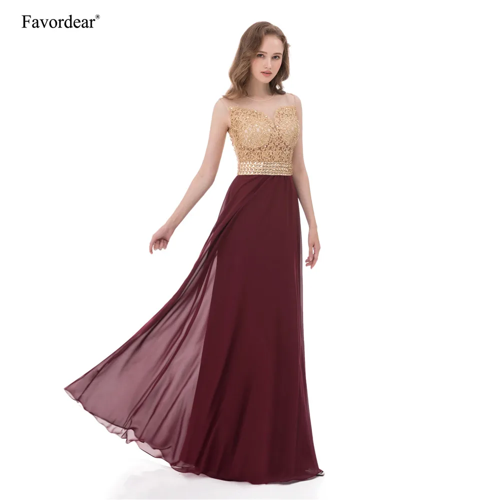 

Favordear 2017 See Through Back Burgundy Prom Dresses Sleeveless Tank Long Chiffon Champagne Lace Applique Evening Dresses