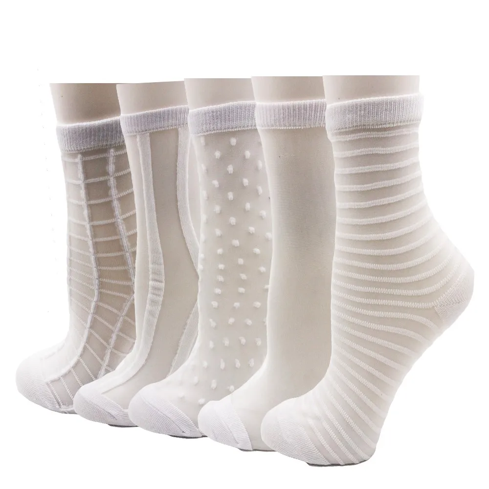 5 пар/лот, разные стильные кружевные прозрачные женские носки с кристаллами, удобные прозрачные Шелковые Летние Стильные короткие носки